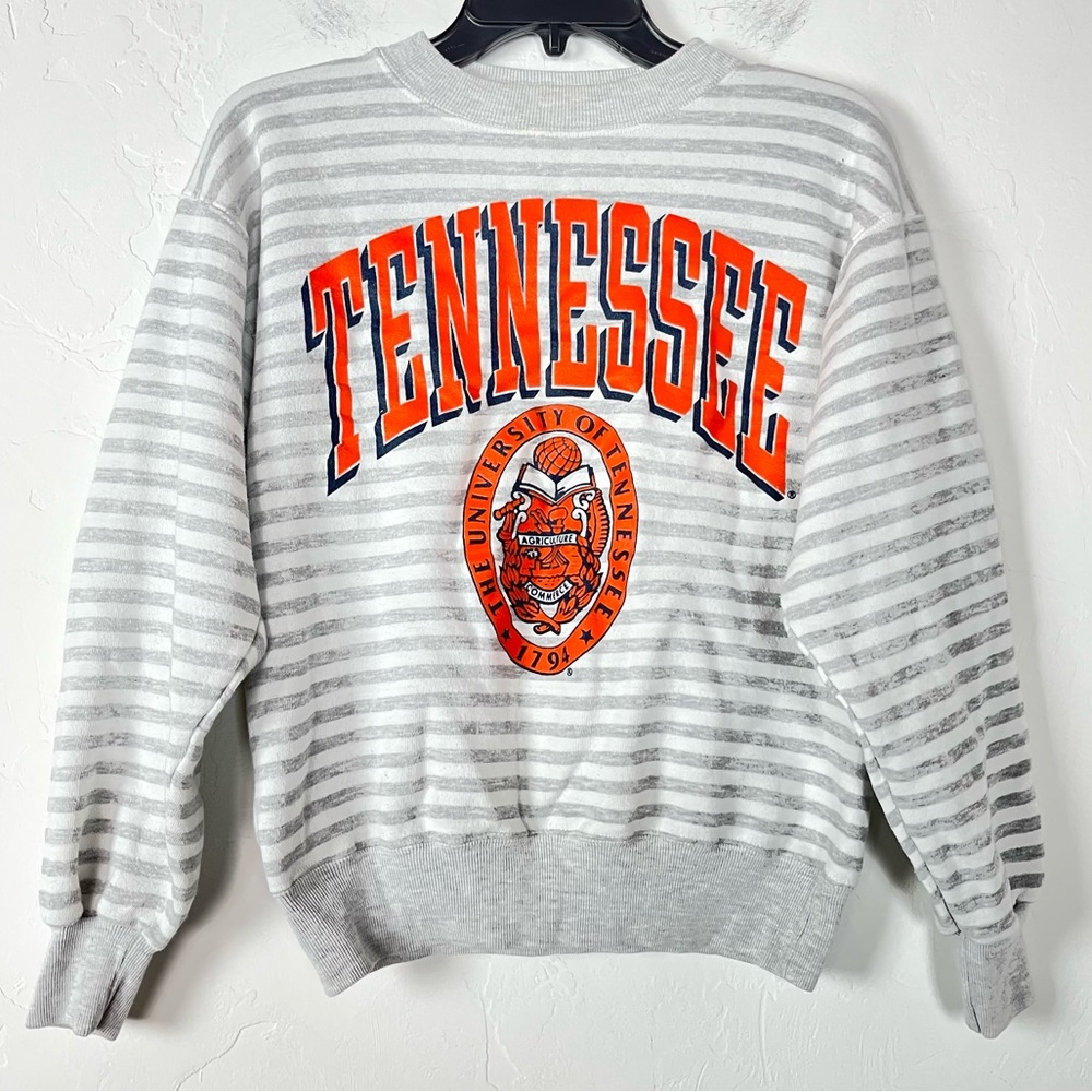 VTG Rugged Sweats Sweater Crew Striped University of Tennesssee Gray Fleece Knit